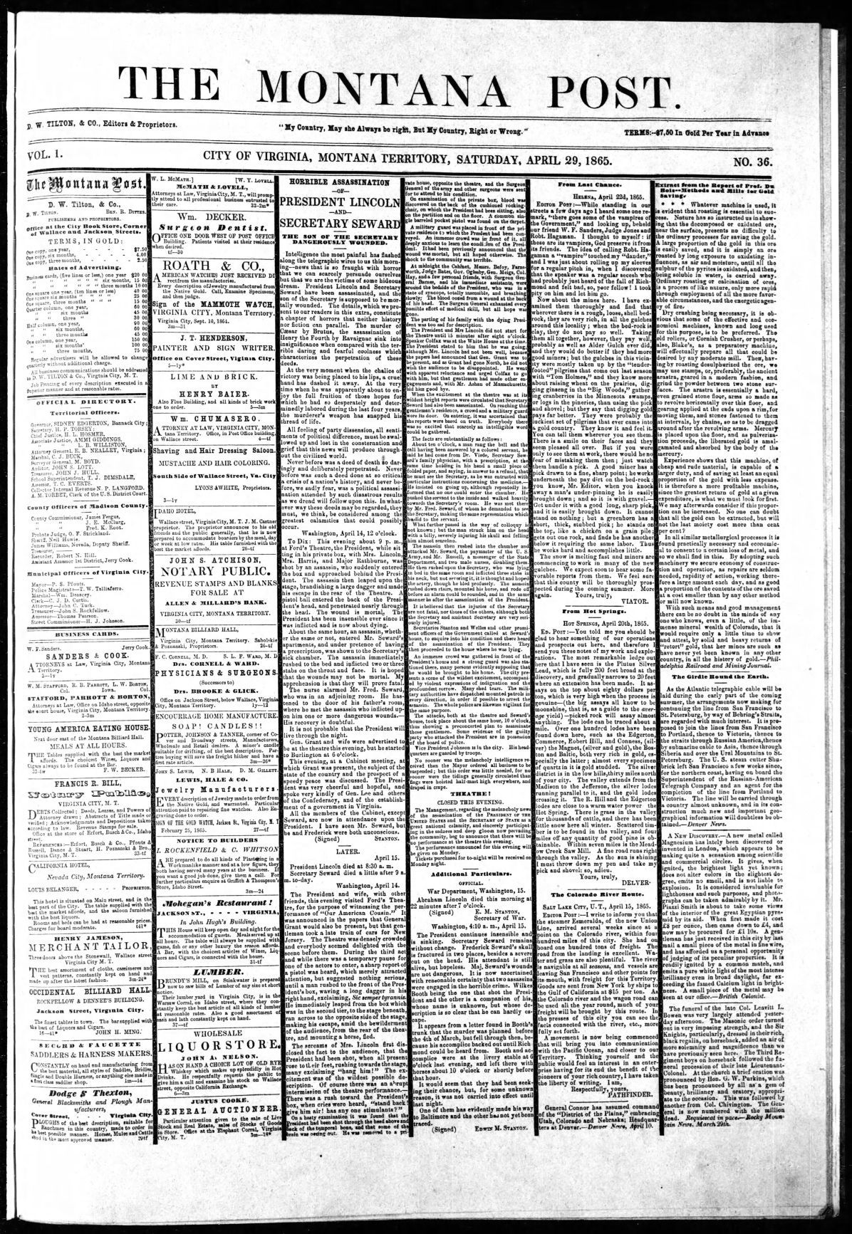 Montana Post, Saturday, April 29, 1865 A1